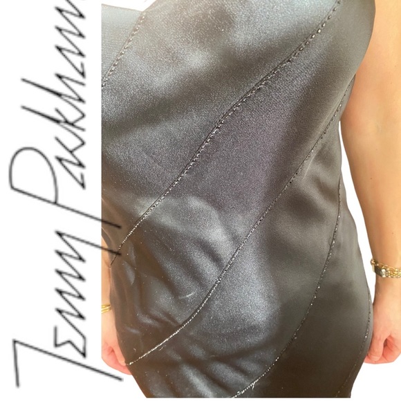 Jenny Packham Mermaid shape black satin dress striped w/ black sequins Sz 6 USA - Picture 5 of 8